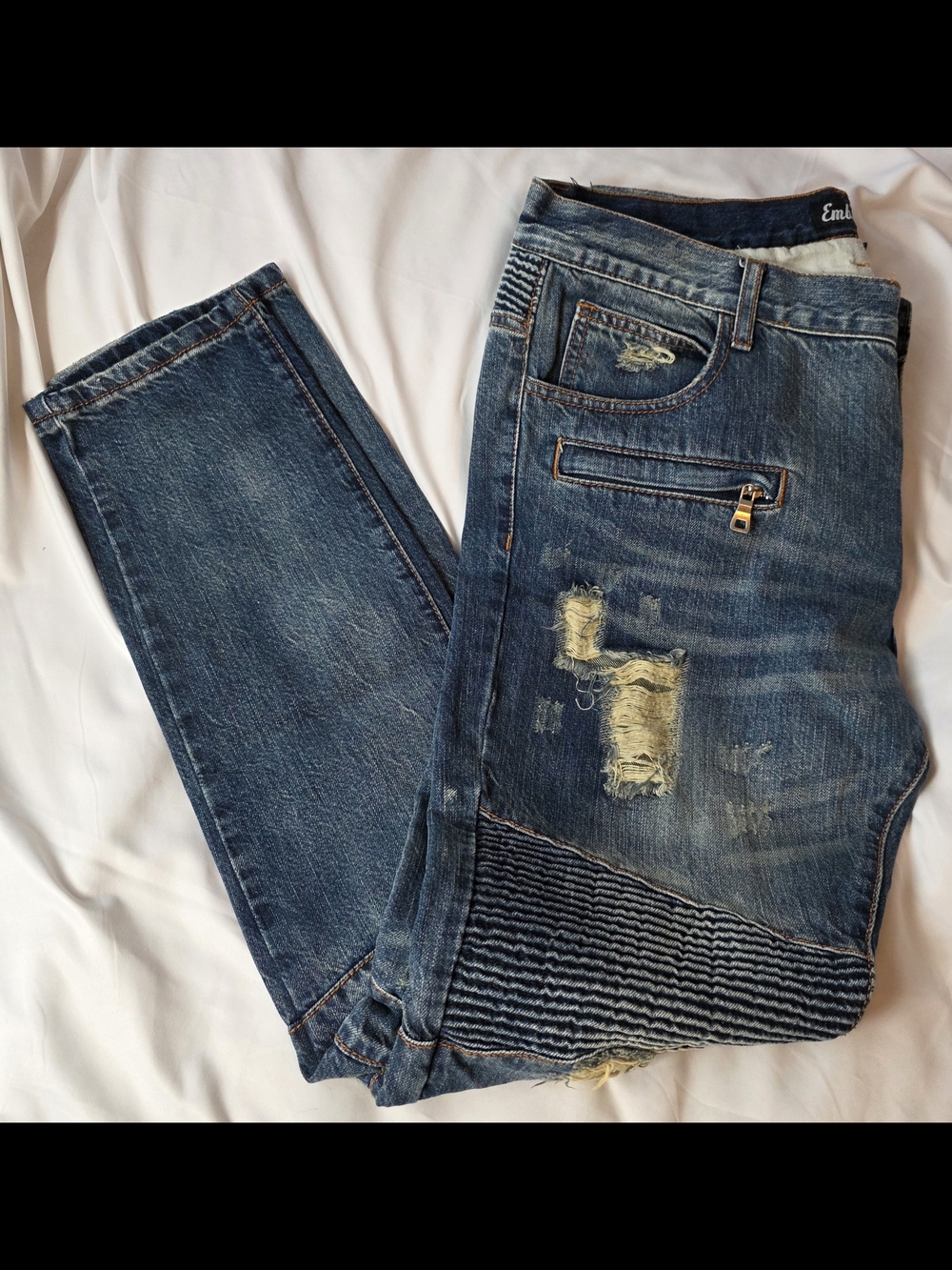 Embellish Men's Slim Straight Distressed Blue Jeans with Ribbed Knee Size 36